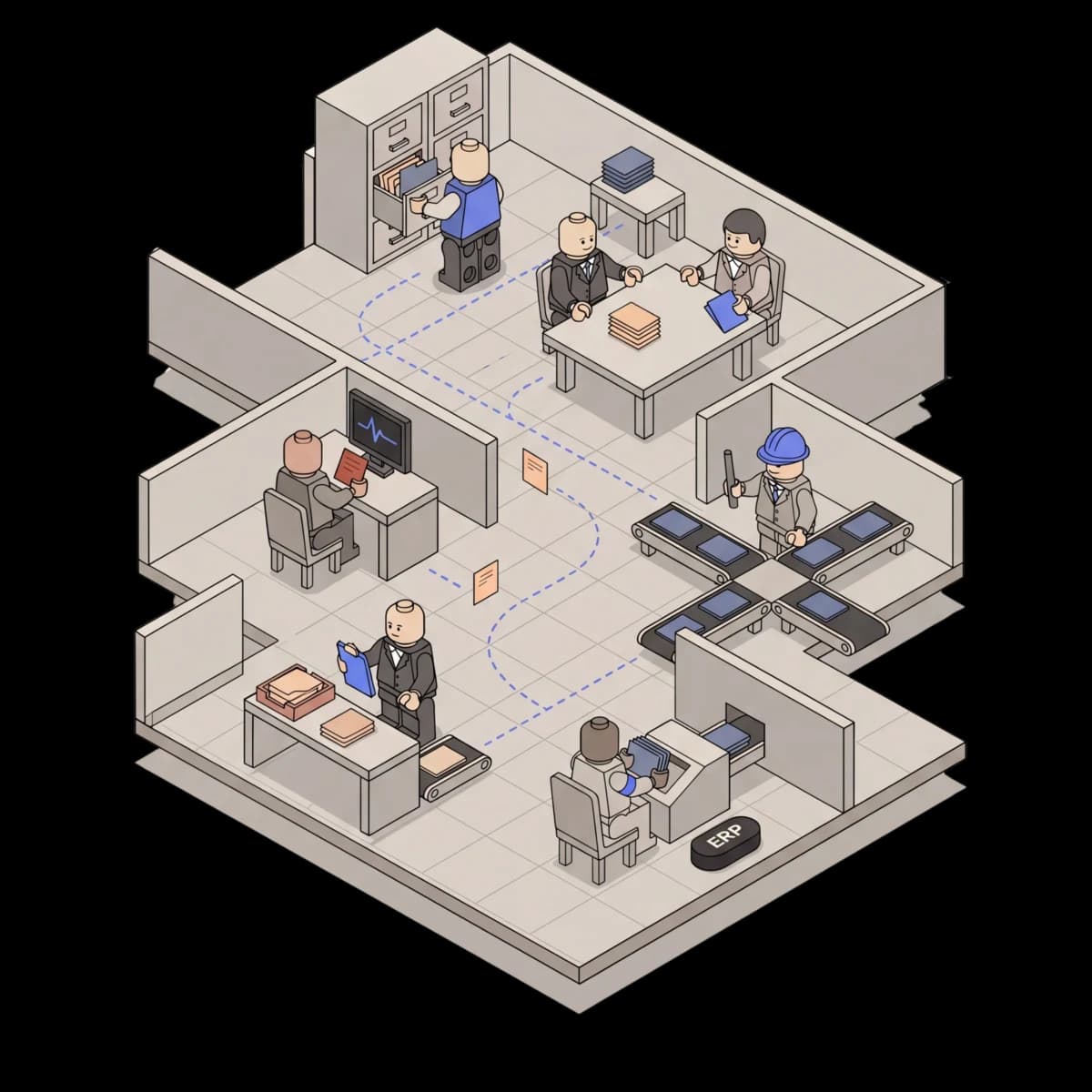 The agent navigating an office workflow, picking up documents from intake stations and routing them through ERP
