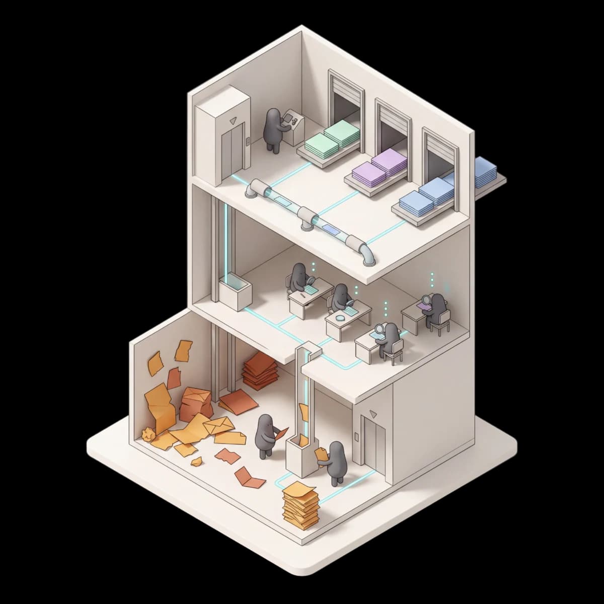 A document-processing pipeline visualized as a 3-floor building: chaotic unstructured docs sorted, processed by workers, and delivered as organized output