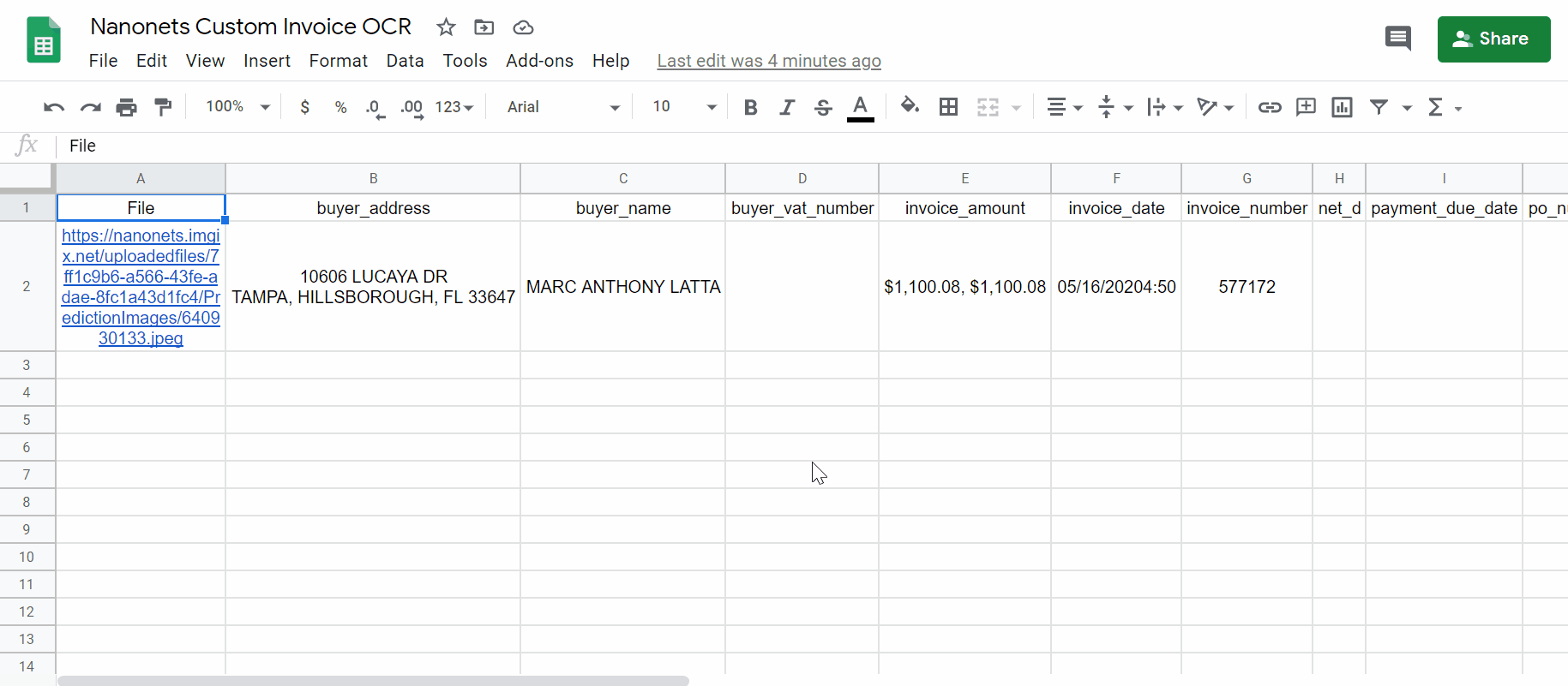 Exported data presented neatly