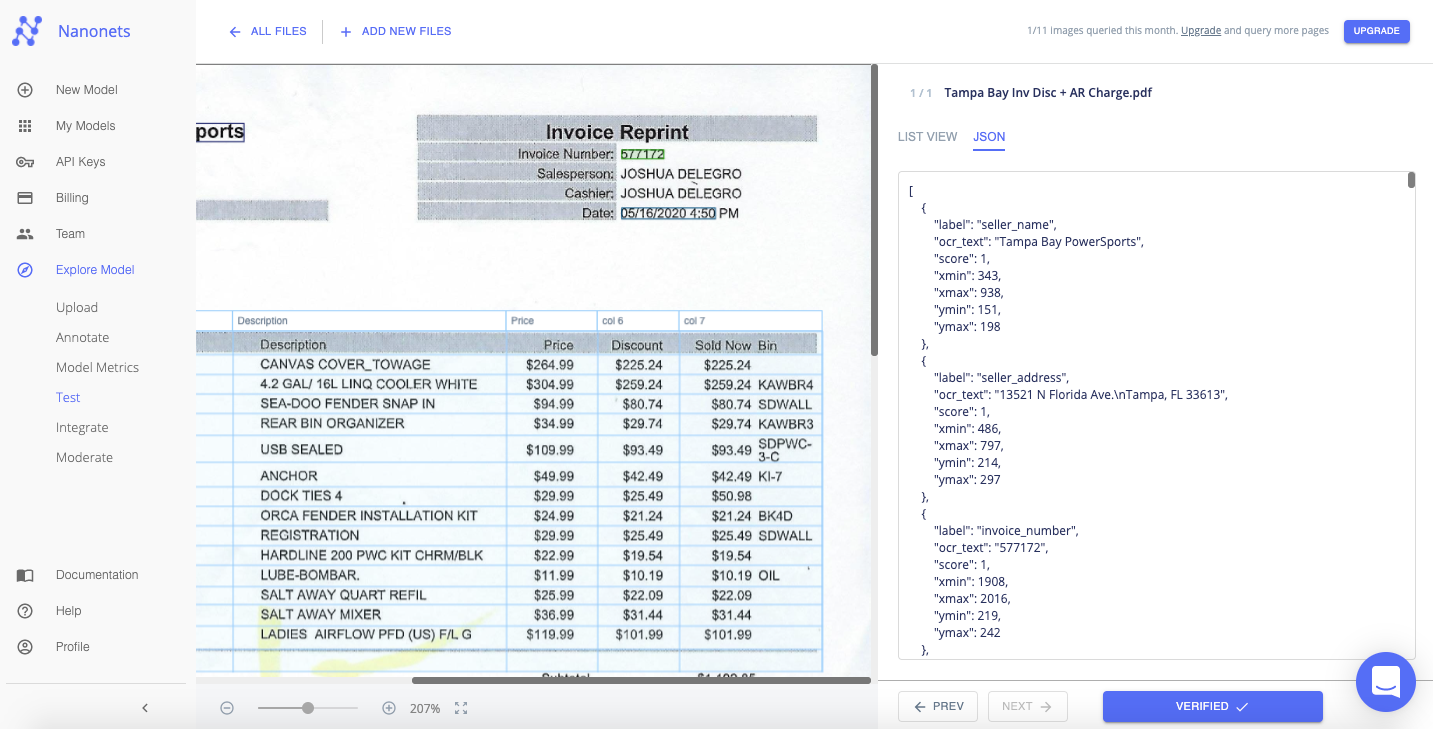 JSON view of the extracted text