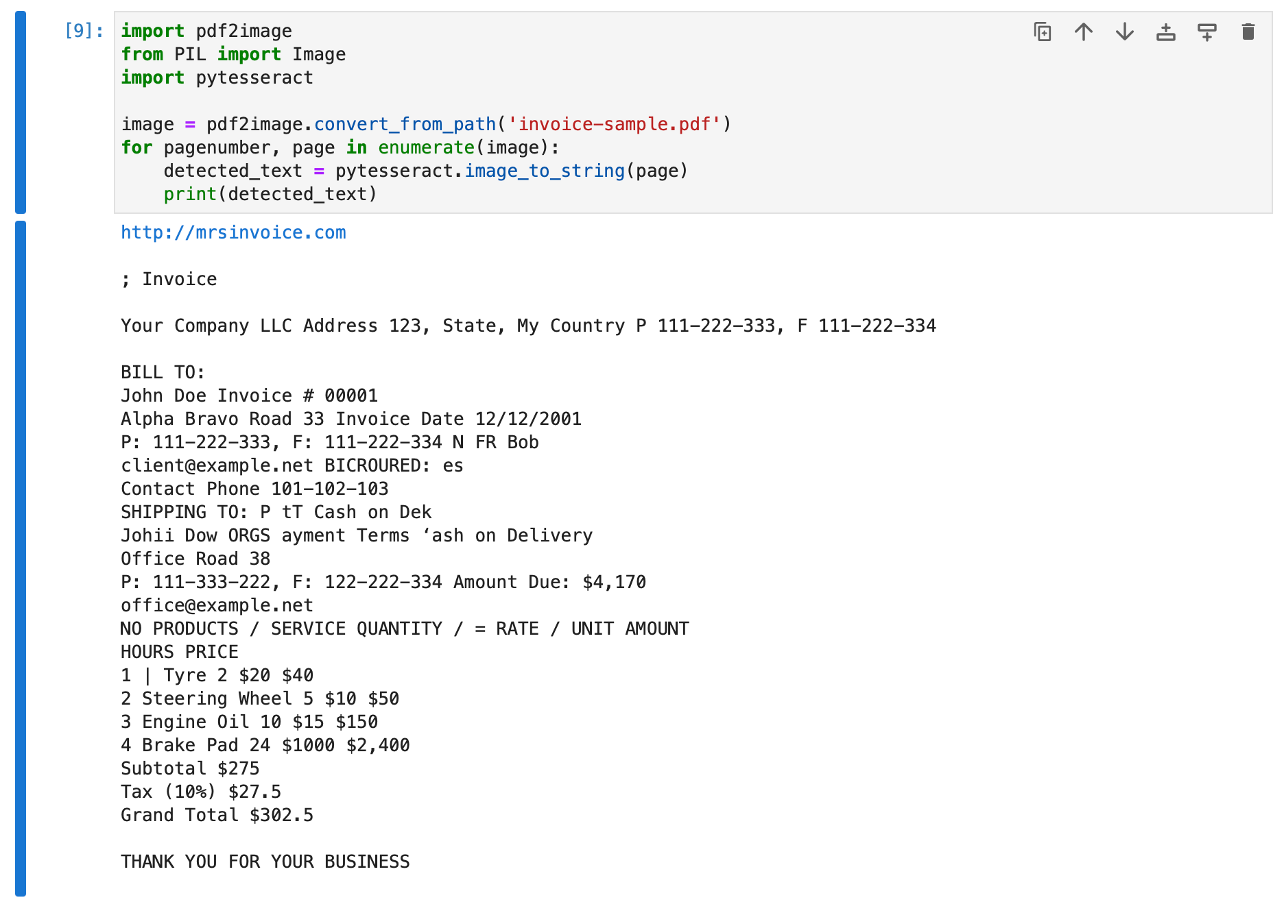 The output from the OCR engine when we run the python code snippet on the pdf invoice example ('invoice-sample.pdf')