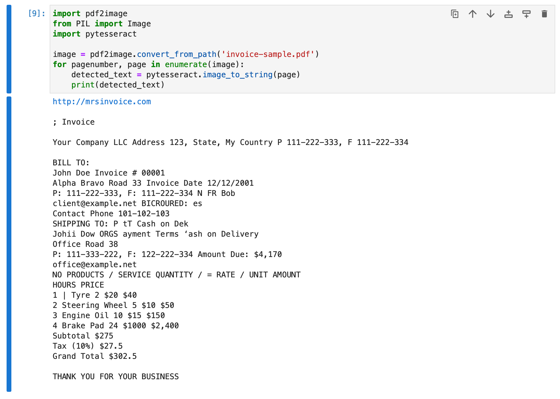 The output from the OCR engine when we run the python code snippet on the pdf invoice example ('https://nanonets.com/blog/pdf-ocr-python/invoice-sample.pdf')