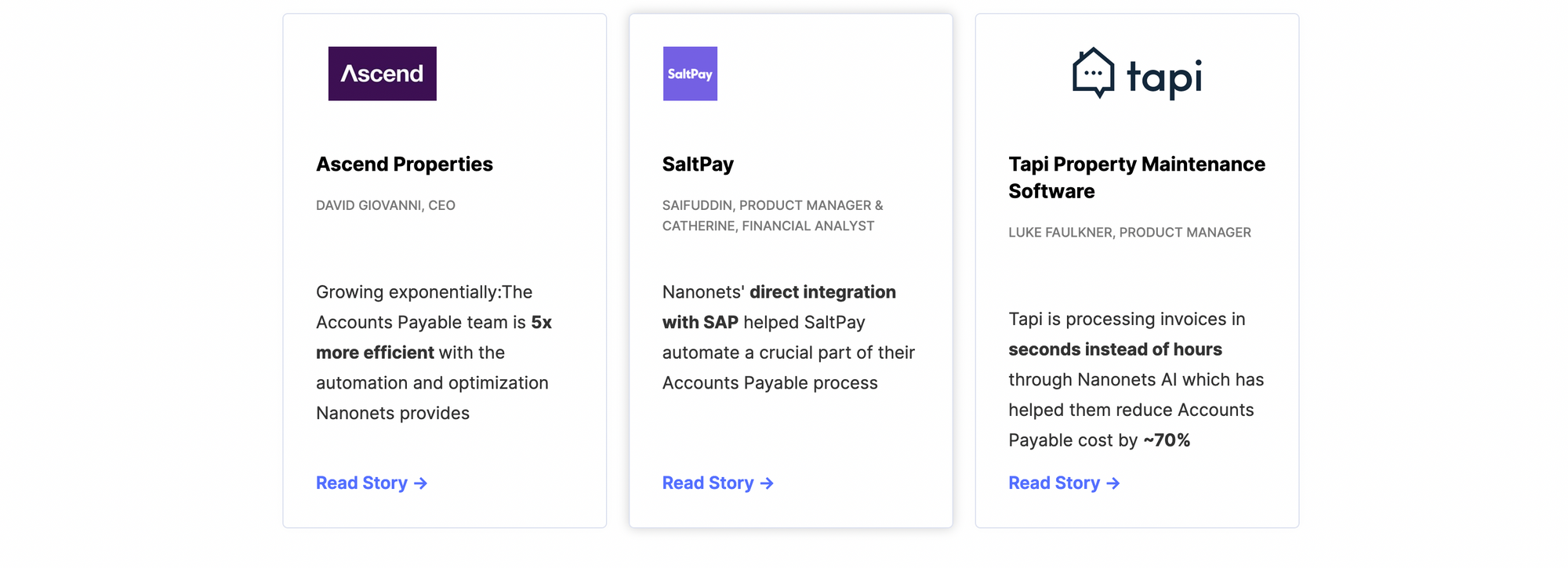 Nanonets customer reviews from Ascend, SaltPay and tapi