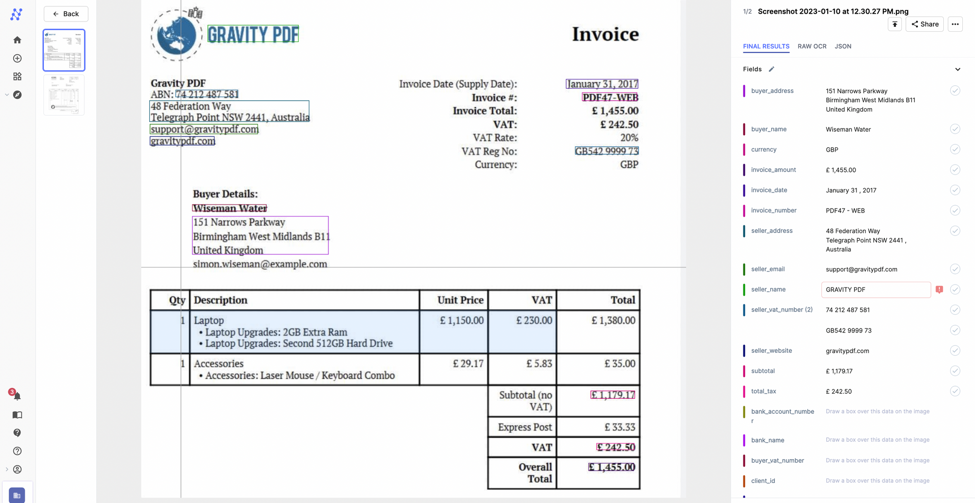 Data extraction using invoice OCR on Nanonets
