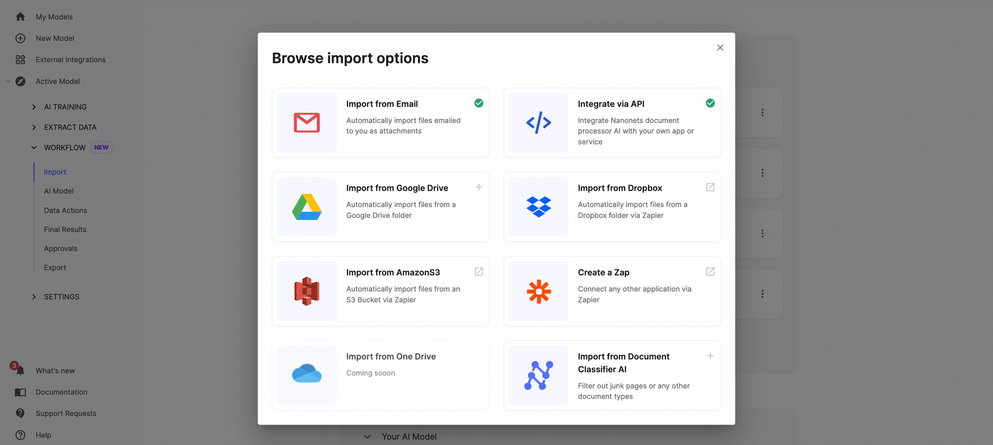 Document upload options on Nanonets