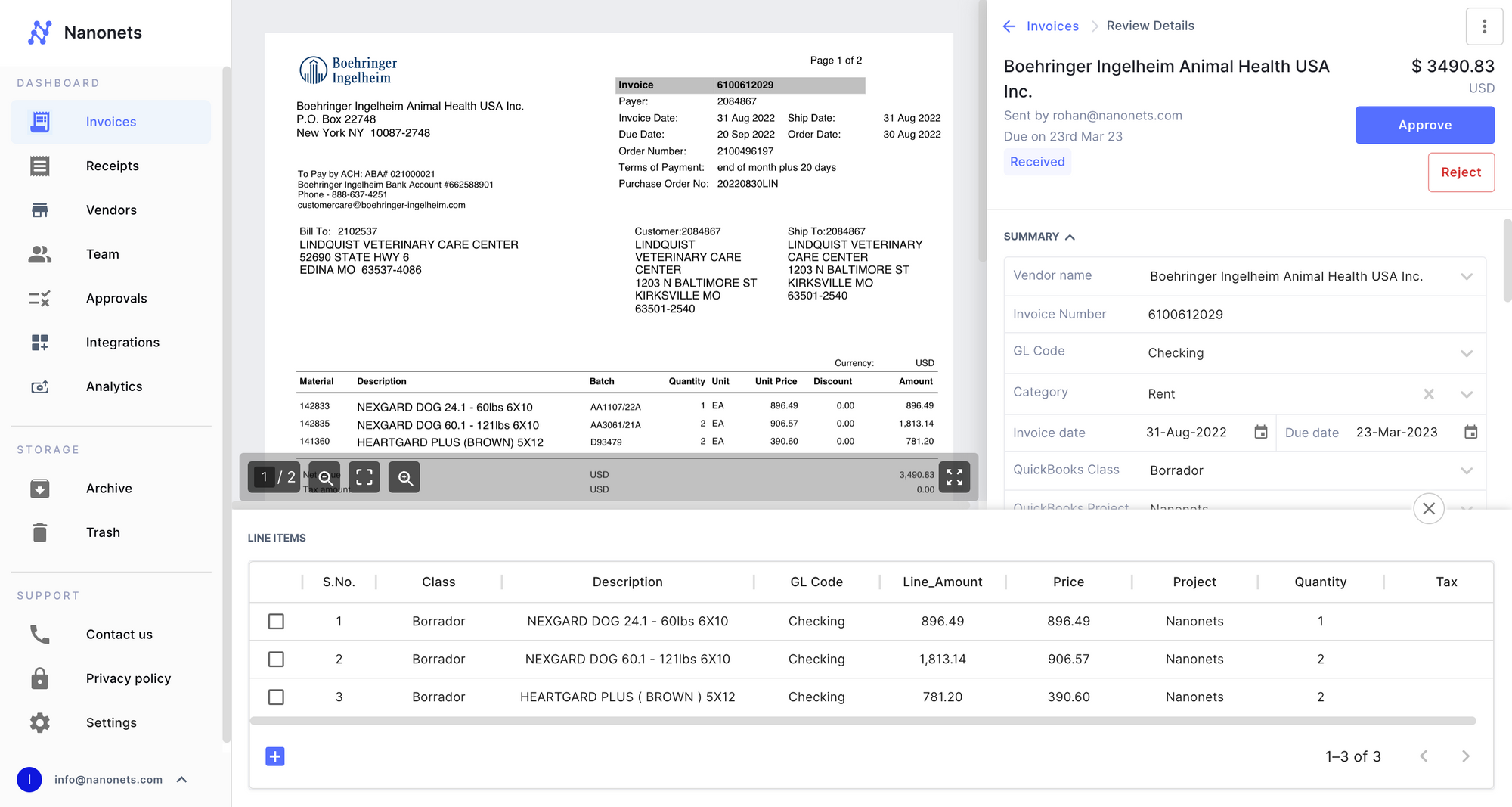 All the relevant information for an invoice is captured and ready for review.