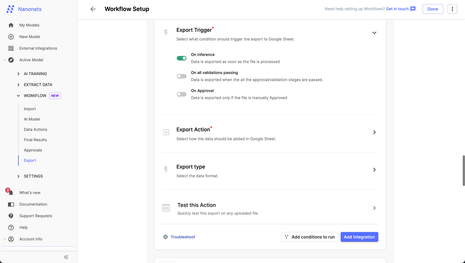 Create a trigger that exports extracted data to Google Sheets.