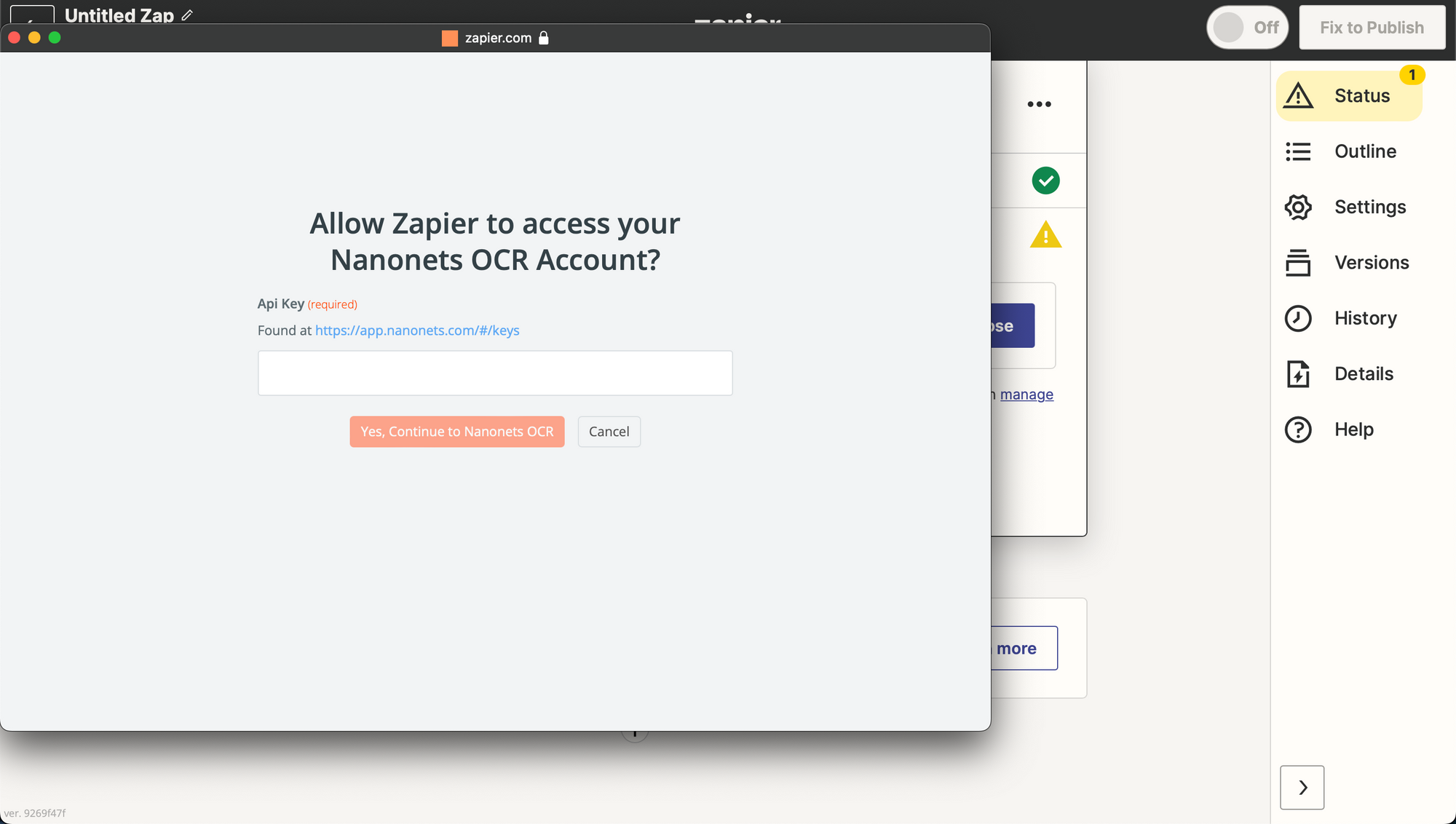 Authenticate Nanonets OCR in Zapier using your API key.