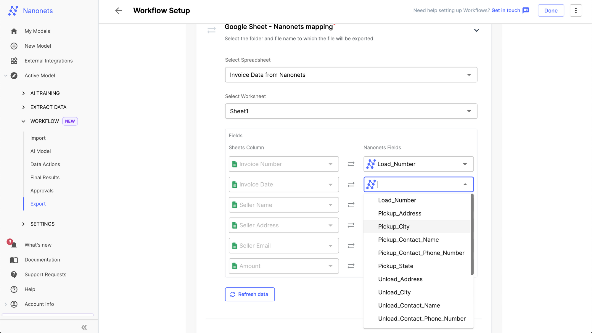 Match the headers of a Google Sheet with the labels of structured data from Nanonets in order to specify the format for populating the sheet.