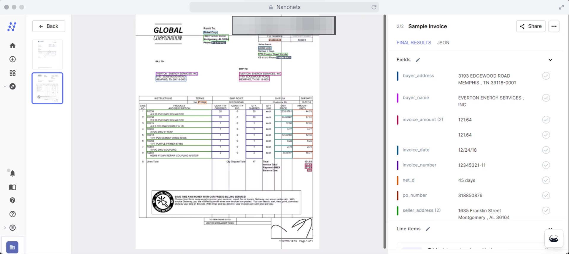 Using Nanonets to extract data from PDF pages