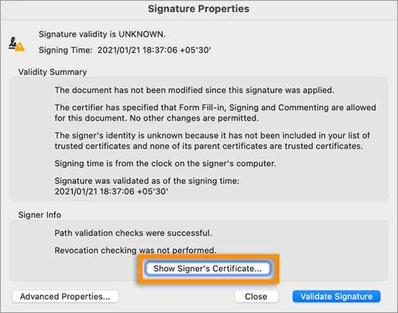 Validation of Signatures on PDFs in Adobe Acrobat
