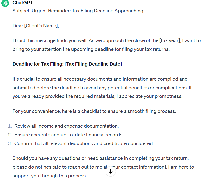 An email reminding your accounting clients about an important tax filing deadline using ChatGPT