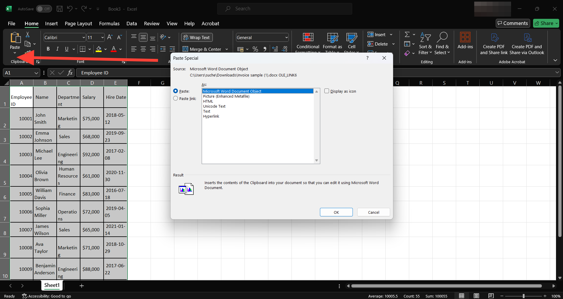 Paste Special provides additional options for pasting the table as an object, picture, or text and the ability to create a link to the original Word table. 