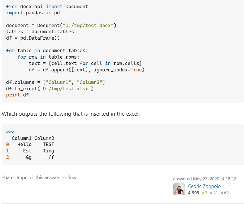 Here's an example of how to automate Word-to-Excel conversion using Python libraries (Source: Stack Overflow)