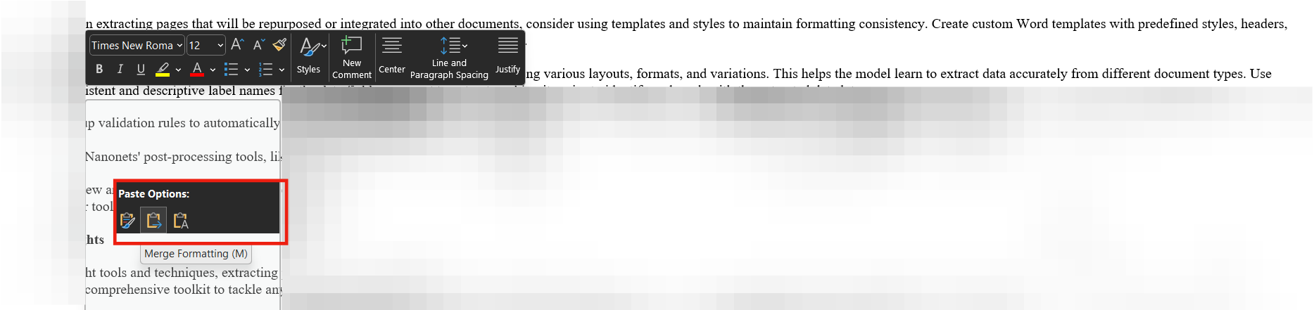 Screenshot showing the different paste options available on Word -- Keep source formatting, Merge formatting, and Keep text only