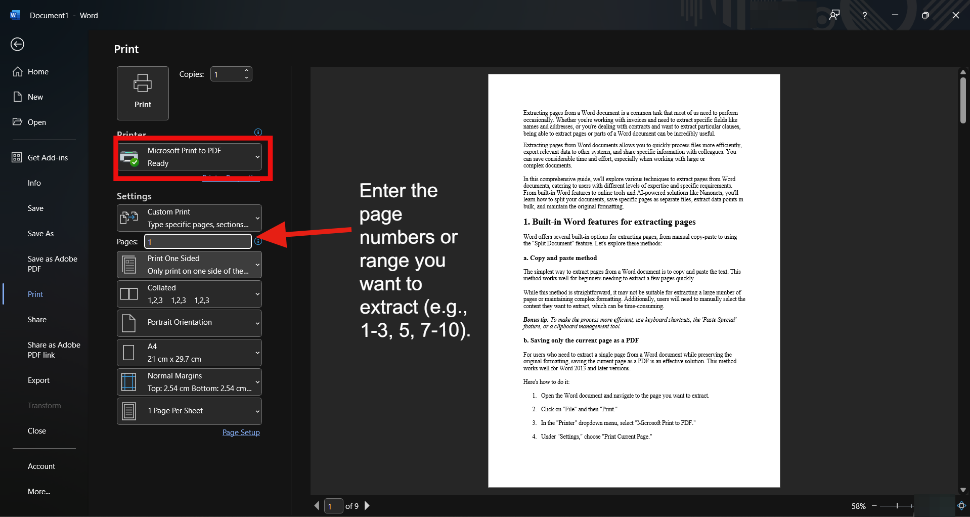 How to extract pages from Word documents