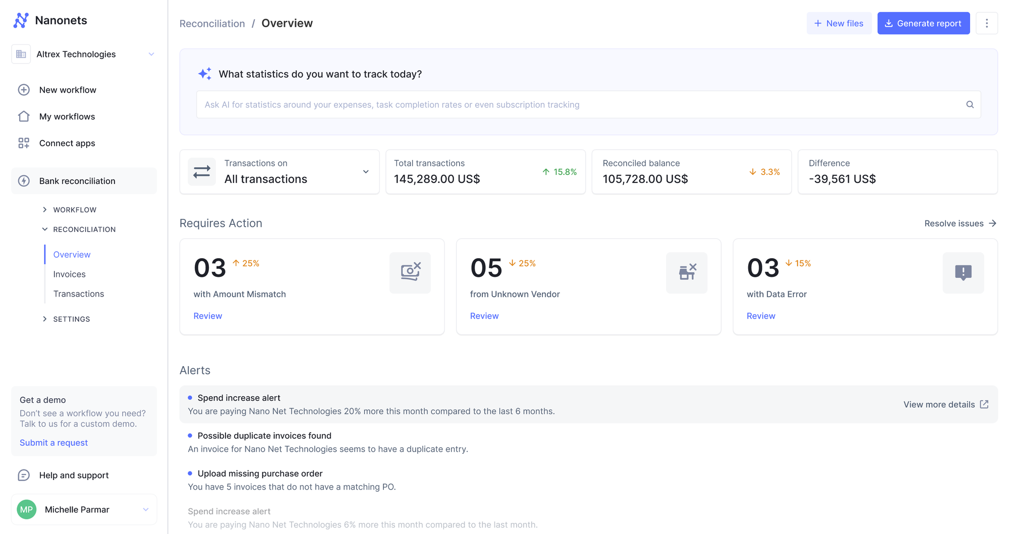 Balance Sheet Reconciliation Dashboard on Nanonets