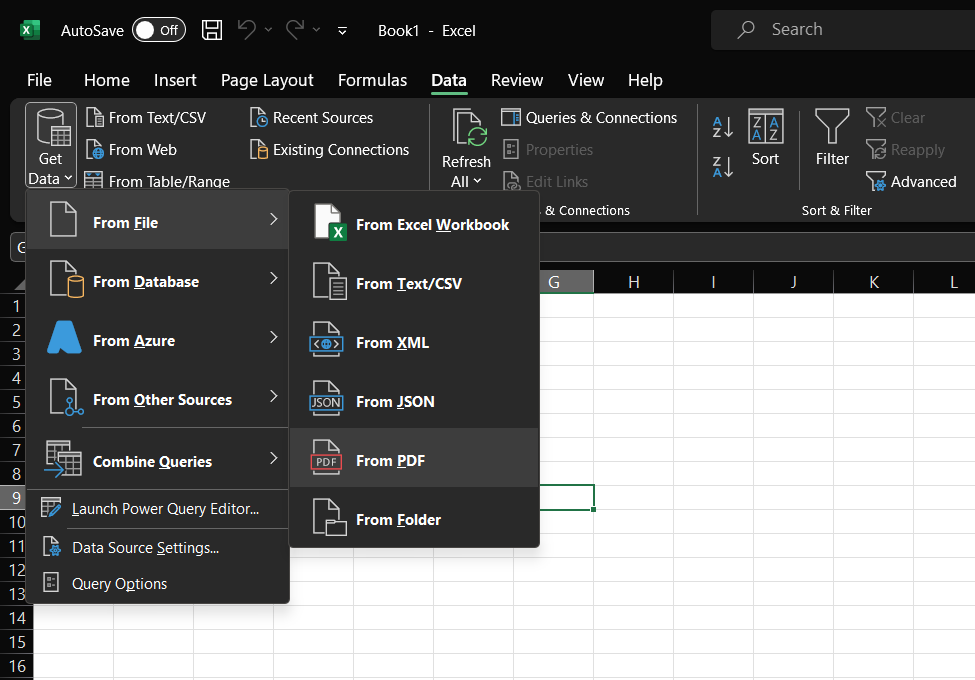 using Excel's Get Data feature to import PDF invoice data