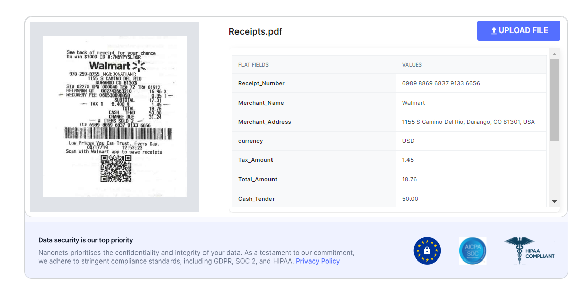 Upload receipts and extract and parse data from receipts accurately.