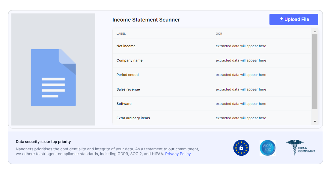 Extract data from financial statements effortlessly with our adaptable, template-free AI. Capture accurate information from diverse layouts, saving time and effort in your reporting workflow. Try it free now.