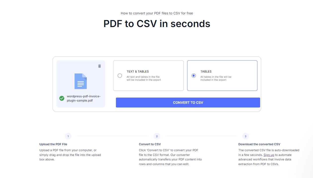 Convert your PDF files to CSV format and extract tables using online conversion tools.