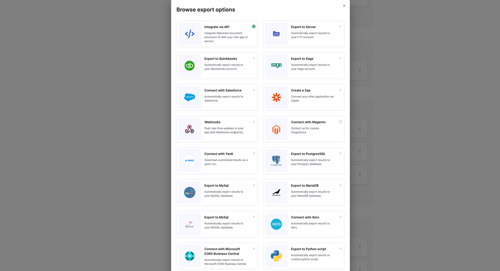 Export data in the format of your choice to 5000+ business software with Nanonets