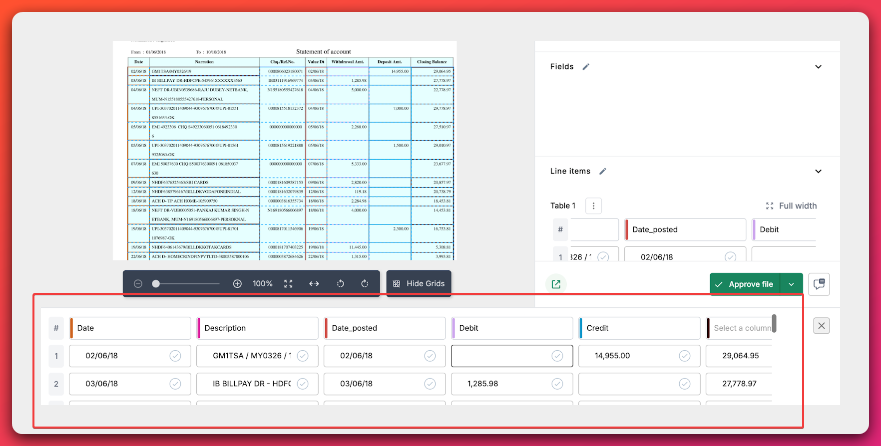 Nanonets' AI-powered system will automatically and accurately extract the data from your CSV file. Make changes required.