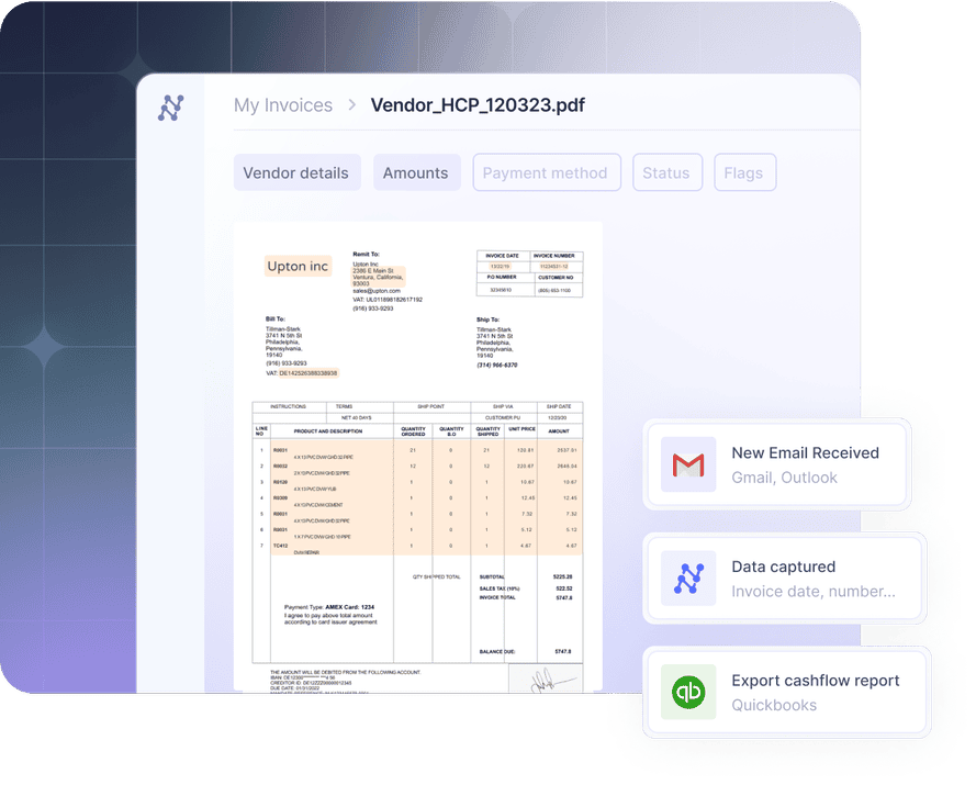 Capture and extract data from invoices down to SKU-level line items and export them to your accounting software.