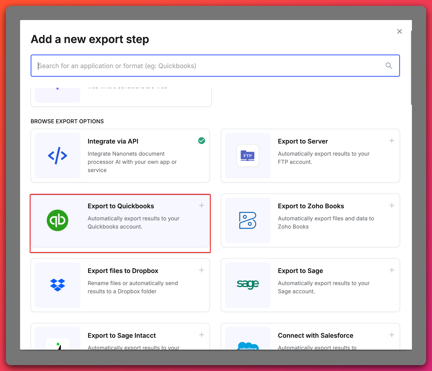 Go to the Export section and click on Browse all export options. Select QuickBooks from the window. Name your integration and click on Configure in Workflow to set up the connection.