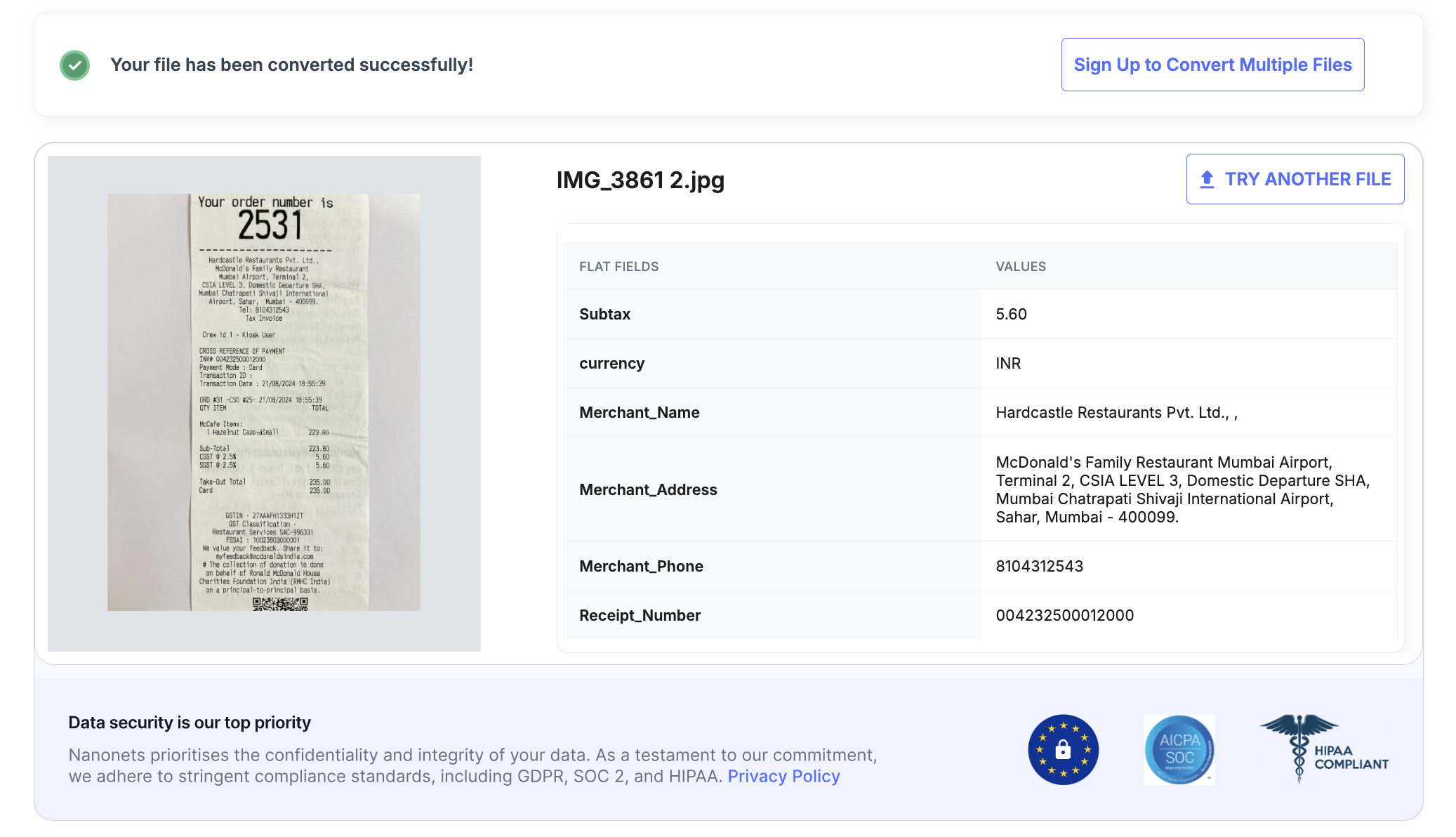 Nanonets AI-powered Receipt OCR Scanner