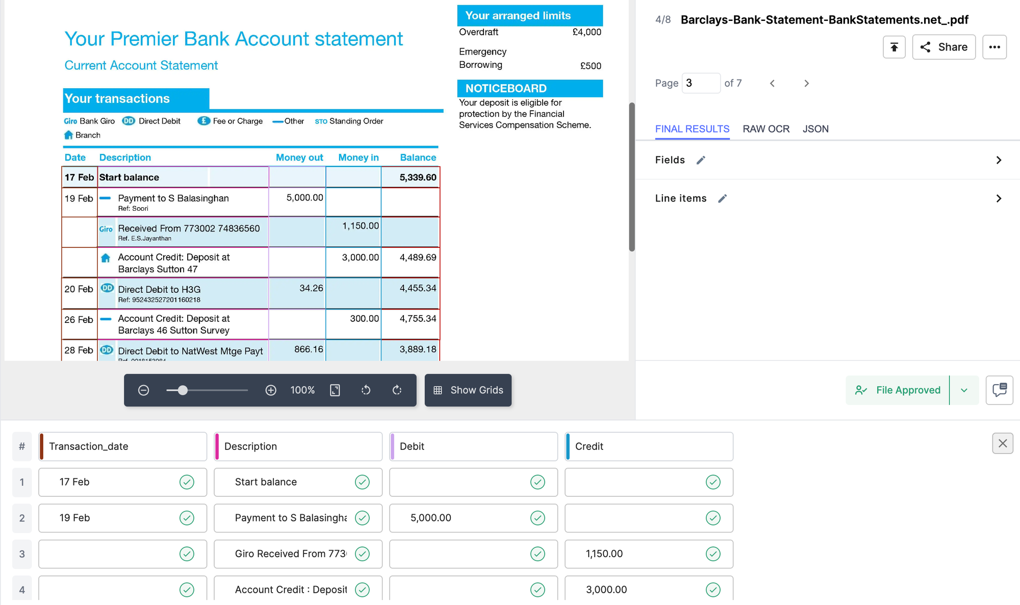 Customise the final output to only display the transaction date, description, debit and credit columns 