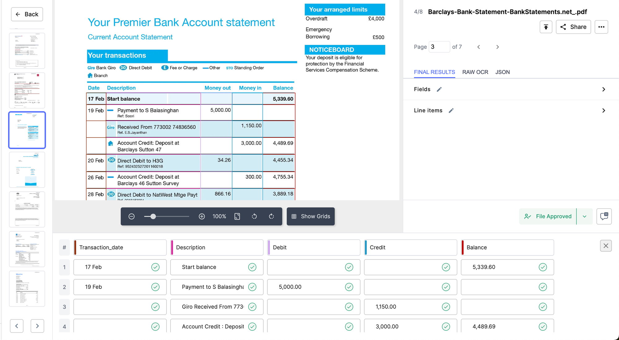 Nanonets' AI extractor captures the transactions neatly