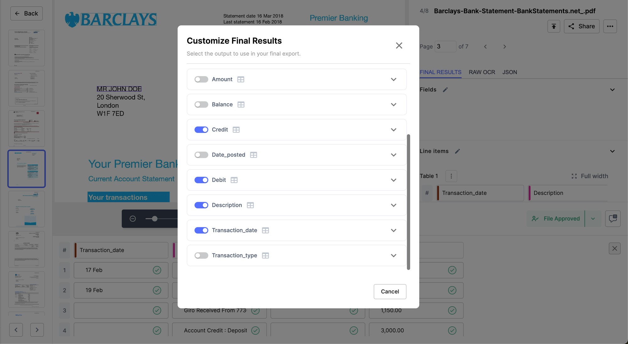 Customise the final output to only display the transaction date, description, debit and credit columns 