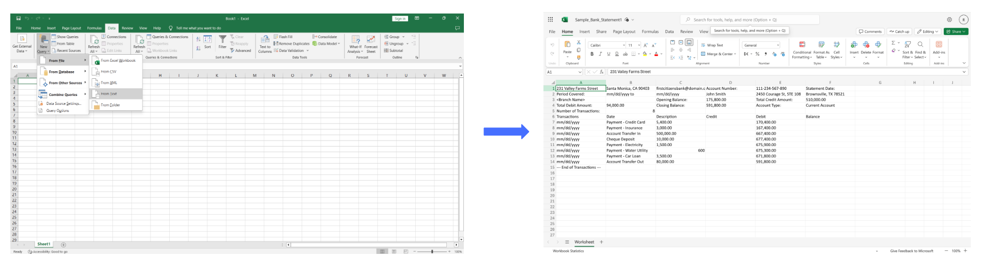 Converting bank statements in word or text format to Excel