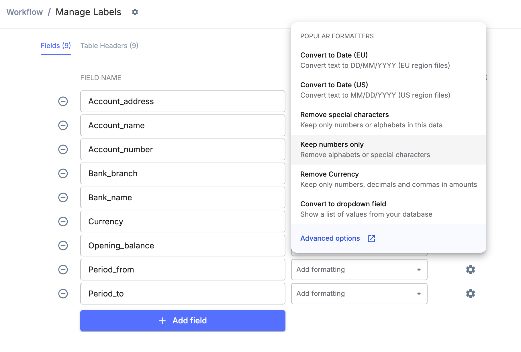 Customize data actions for different bank statement fields with Nanonets