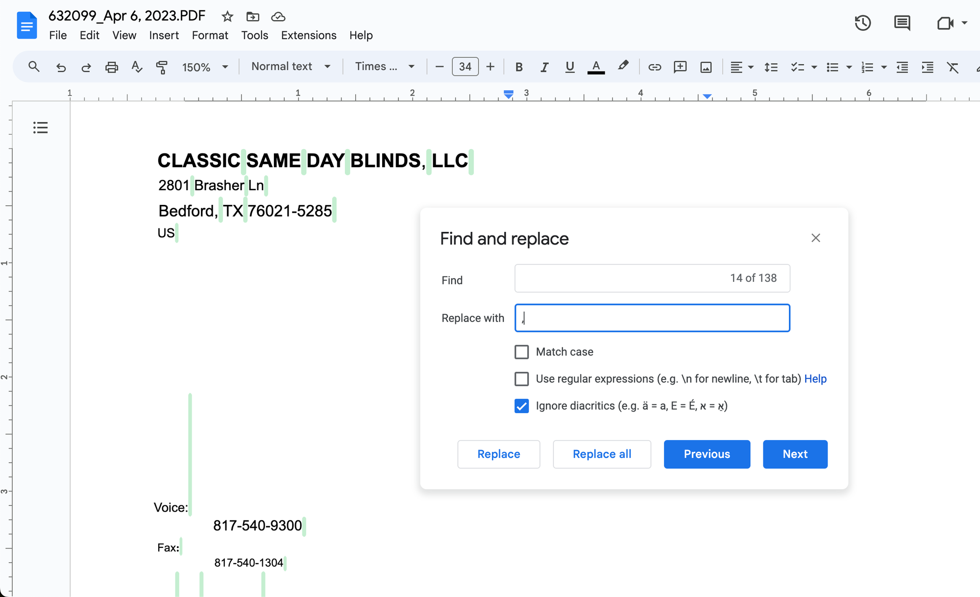 finding and replacing spaces with commas on Google Docs