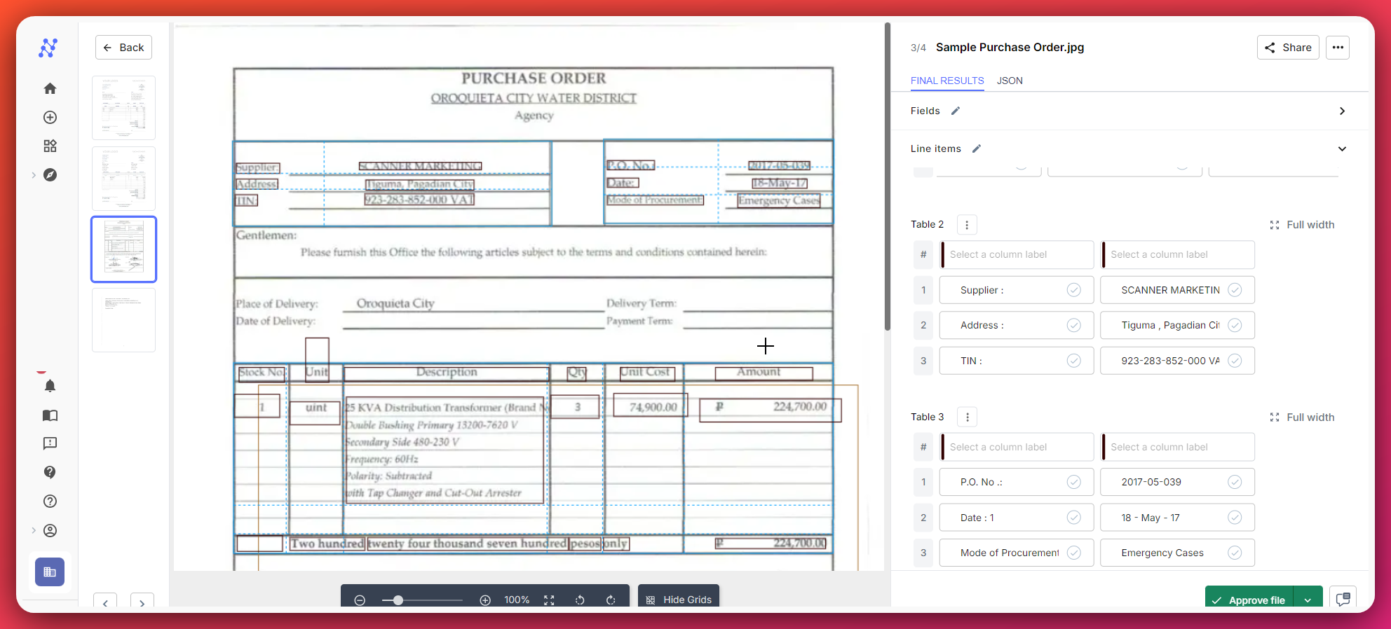 Nanonets uses AI and OCR to understand and extract data from complex order layouts, including scanned and multipage documents.