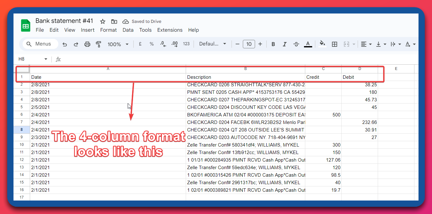 4-column format: Date, Description, Credit, and Debit columns