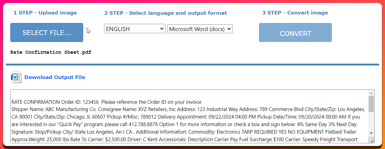 Quick example of using an online OCR solution to extract data points from a rate con document