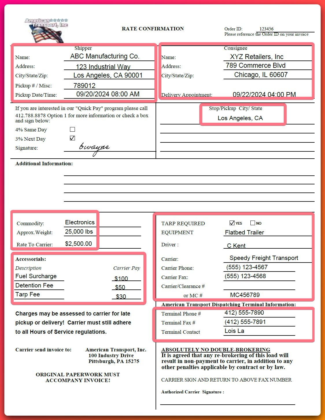 Rate con essential data fields highlighted for extraction, including order ID, pickup address, delivery address, and carrier rate.