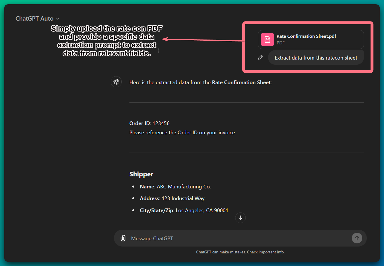 Here's an example of using ChatGPT for rate con data extraction.