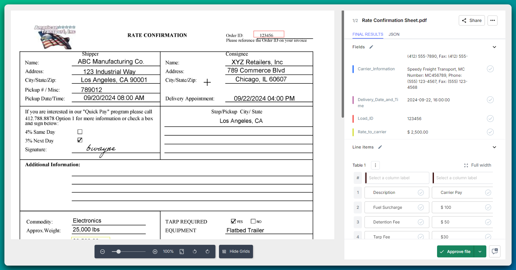 Here's a peek at the automatic data extraction process for a rate con document on Nanonets. Key fields like load ID, pickup date, delivery address, and total rate are neatly extracted and displayed separately. Review the data, make any necessary corrections, and export it to your TMS or ERP system.