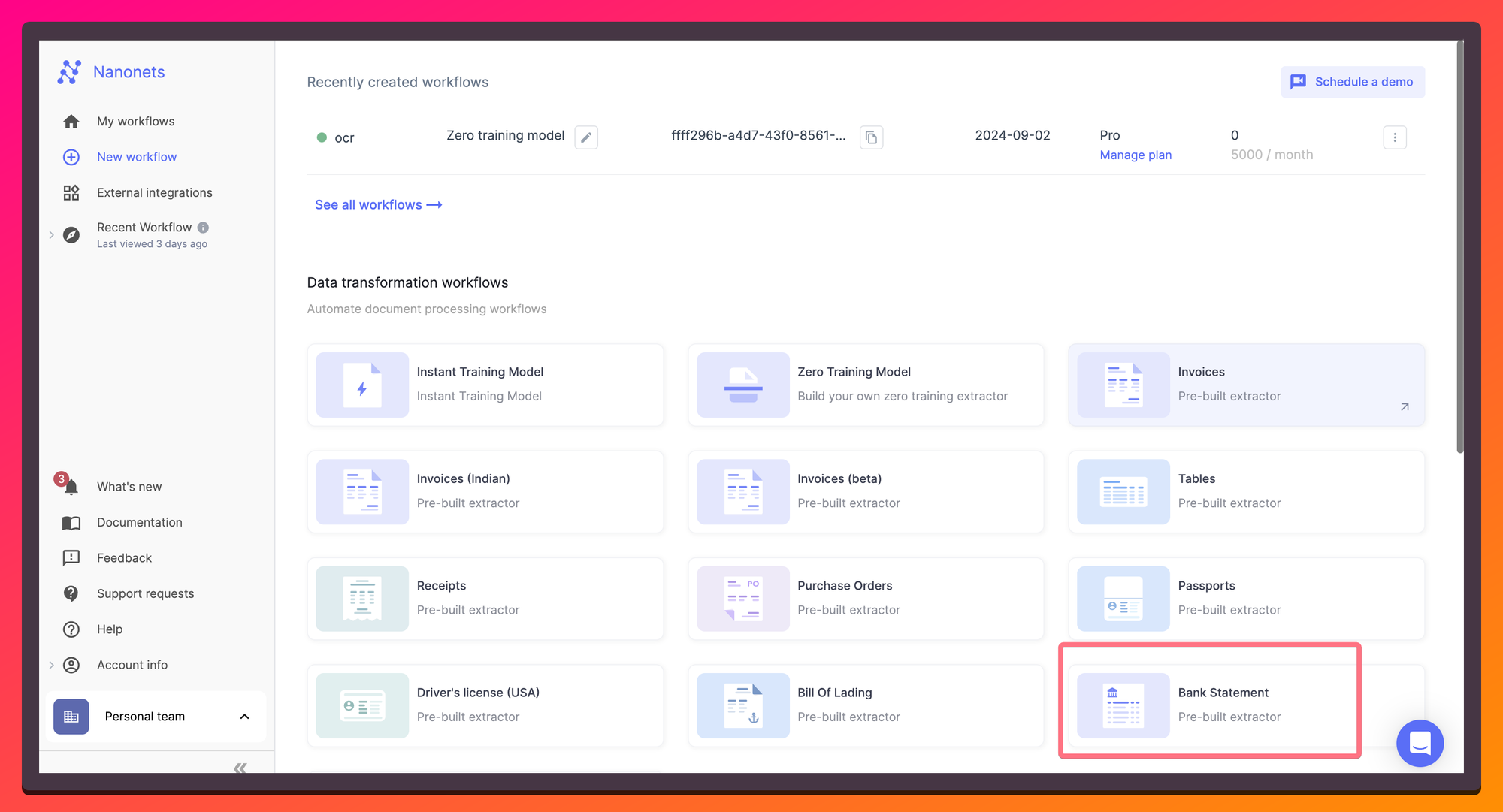 Nanonets offers different pre-trained models to help you process various document types. You can select the Bank Statment to get started with CSV to QBO conversions.