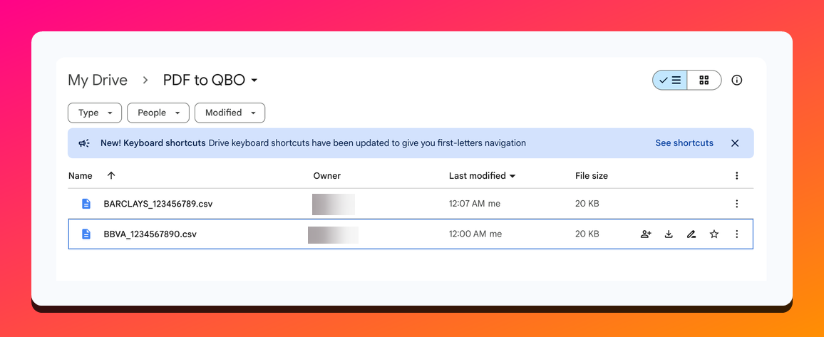 Every incoming CSV bank statement that is converted to a QBO format and passes all validations will be automatically saved in a folder of your choice.