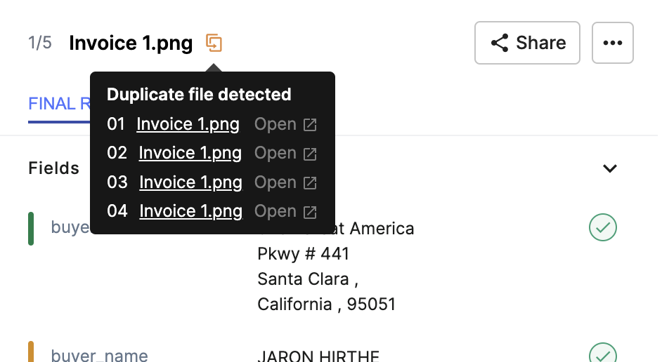 AI system identifying potential duplicate invoices by comparing key fields