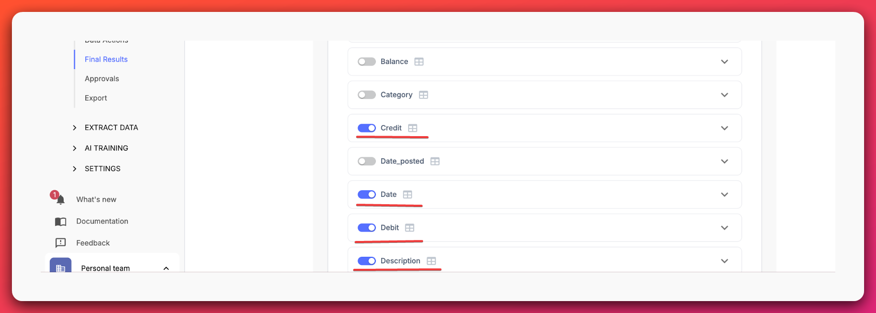 Click on Back->Workflow->Final Results to select the fields to export to Quickbooks. Select the Date, Description, Debit, and Credit fields from the Final Results.