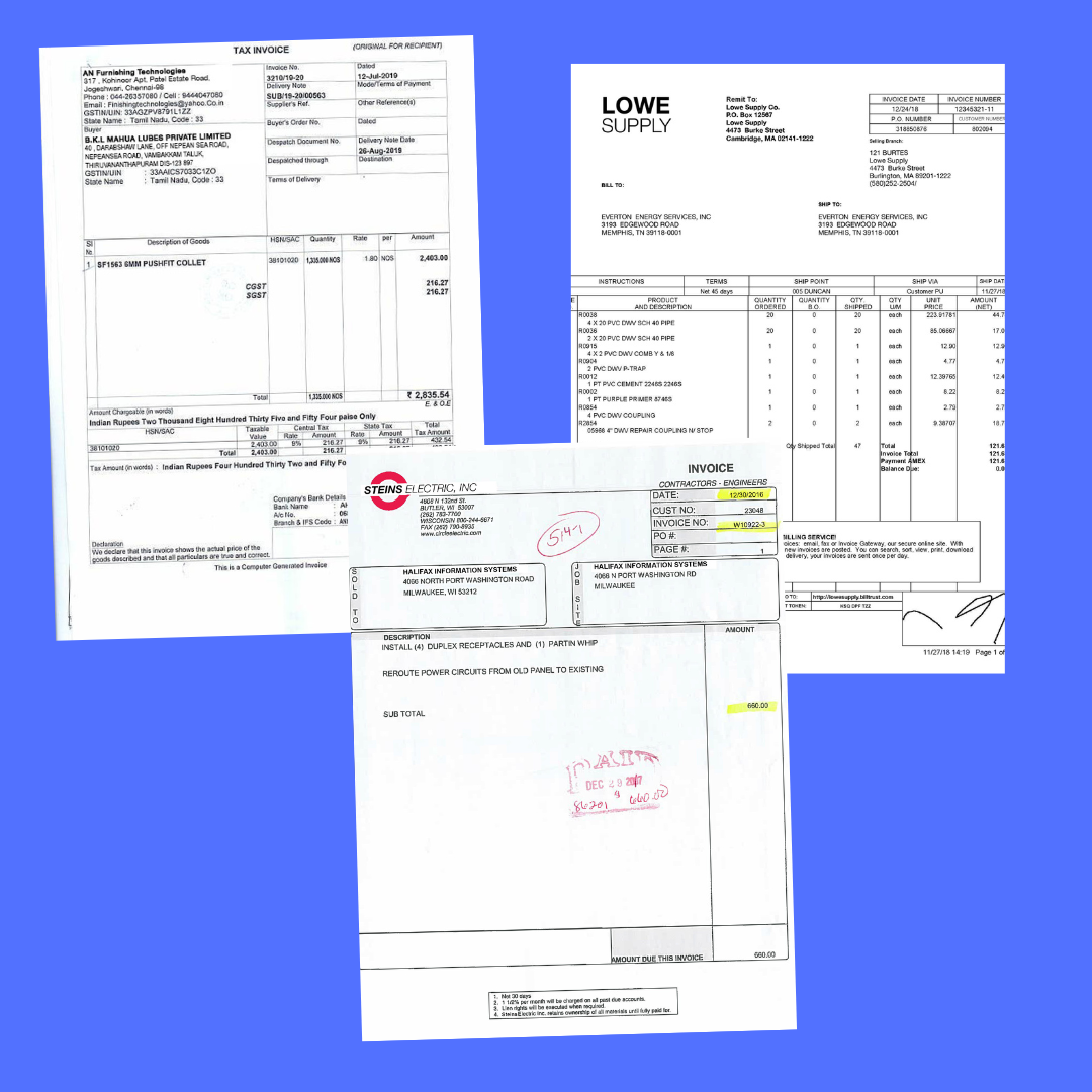 This image displays a range of invoice layouts, from simple to complex. It shows how invoices can vary widely in format, structure, and information placement.