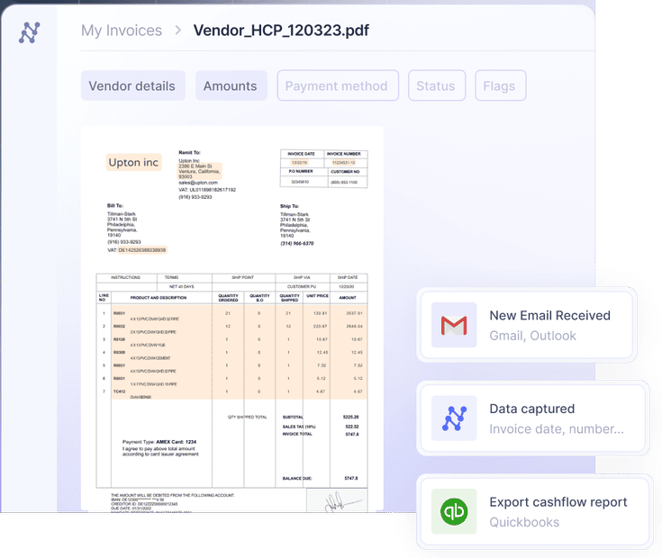 Capture and extract data from invoices down to SKU-level line items and export them to your accounting software.