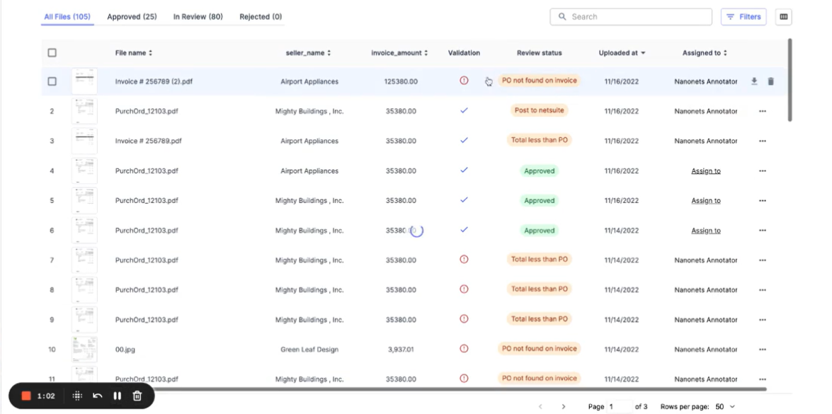 With Nanonets, you can set up AI-powered 2-way and 3-way matching to automatically compare invoices with purchase orders and delivery orders, flagging any discrepancies for review and ensuring accurate matching