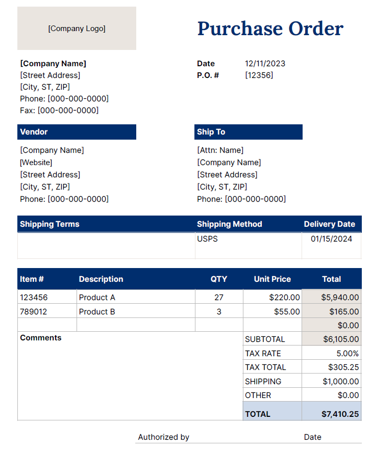  Here's a sample purchase order 